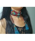 HAND MADE WEAVING ETHNIC NECKLACE (SILVER AND STONE BEADS)